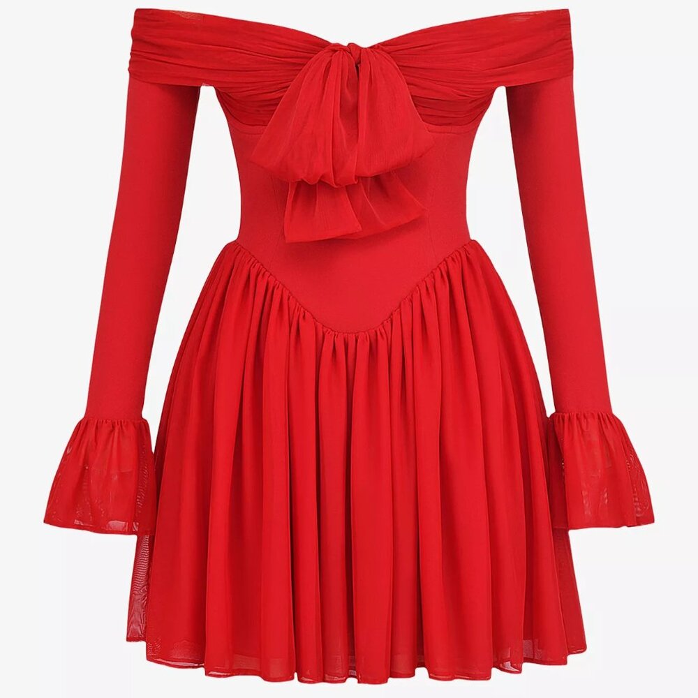 House of CB Scarlet Red Off Shoulder Bow Corset Mini Dress NWT